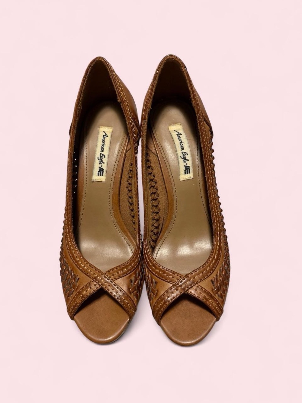 Vintage Y2K American Eagle Outfitters Tan Woven Peep-Toe Heels